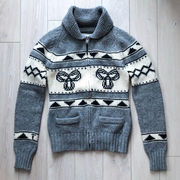 Aritzia TNA Sea To Sky Lambswool Chunky Knit Zip Sweater Medium Nordic Fair Isle - Picture 2 of 14